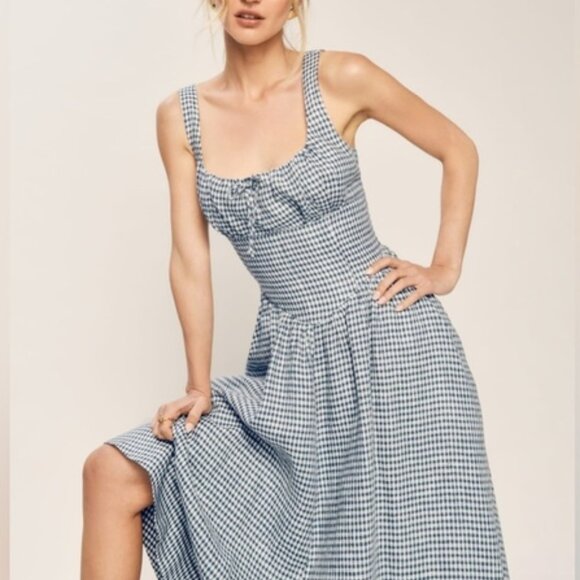 NEW Reformation Balia Midi Linen Dress in Slate Check Plaid Navy White | size 4 - Picture 6 of 16